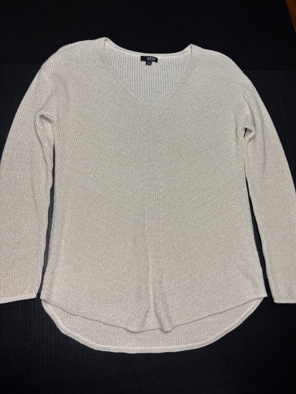 a.n.a. Soft Cream V-Neck Women's Sweater With Gold Metallic Flakes Size Large